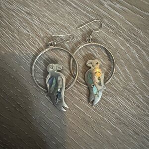 Mexican silver earrings featuring abalone inlaid parrots